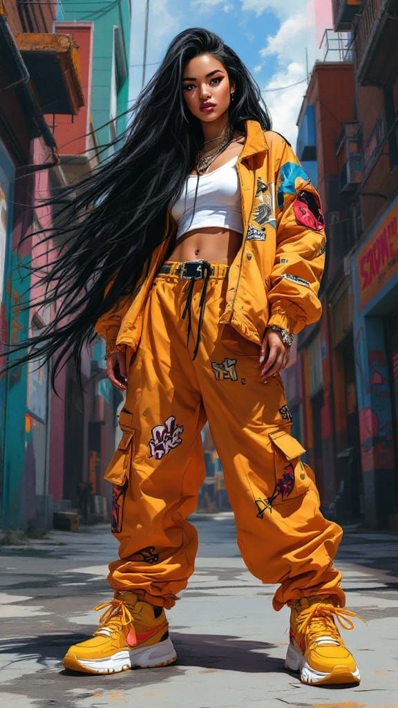 Young Woman Embodies Hip-Hop Swag in Bold Urban Outfit
