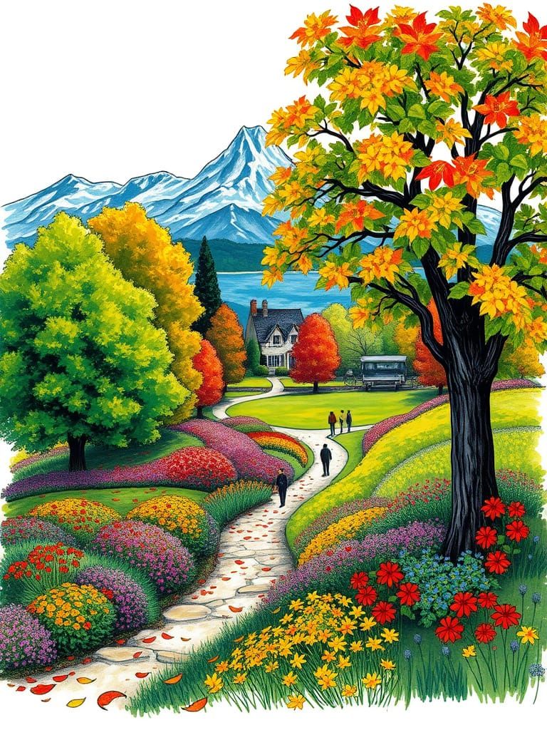 Vibrant Autumn Garden Scene in Post-Impressionist Style