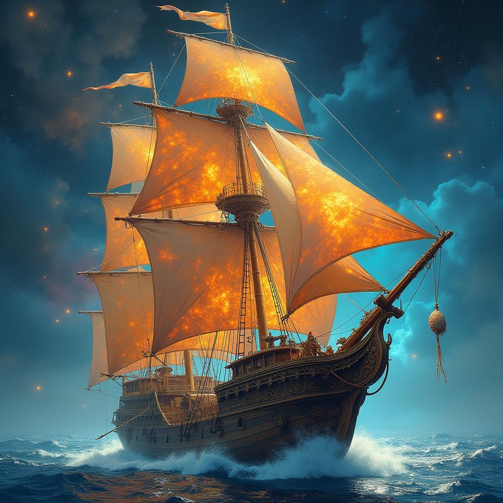 Pirate Ship Navigating Celestial Sea with Solar Sails