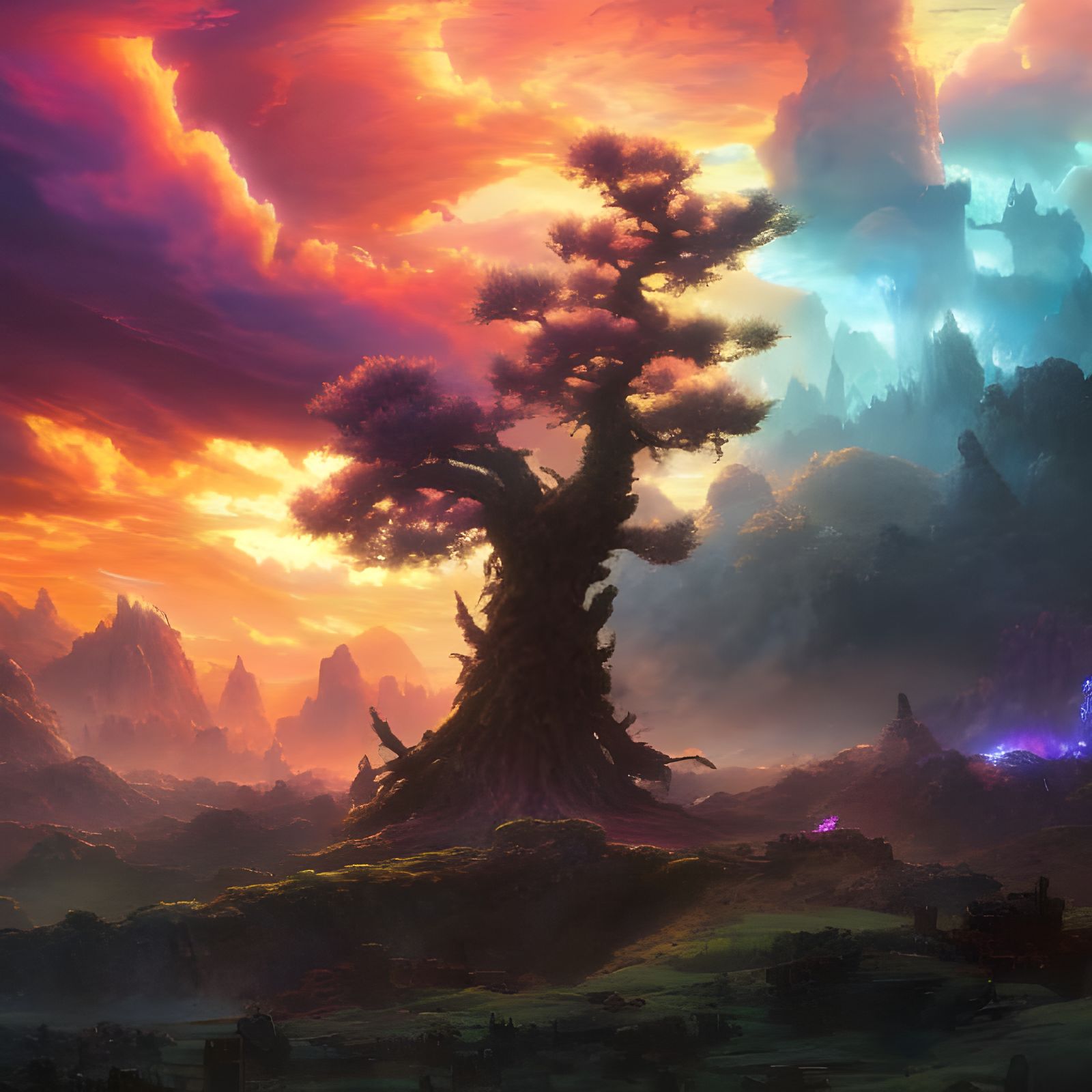 Epic Fantasy Landscape with Ancient Tree