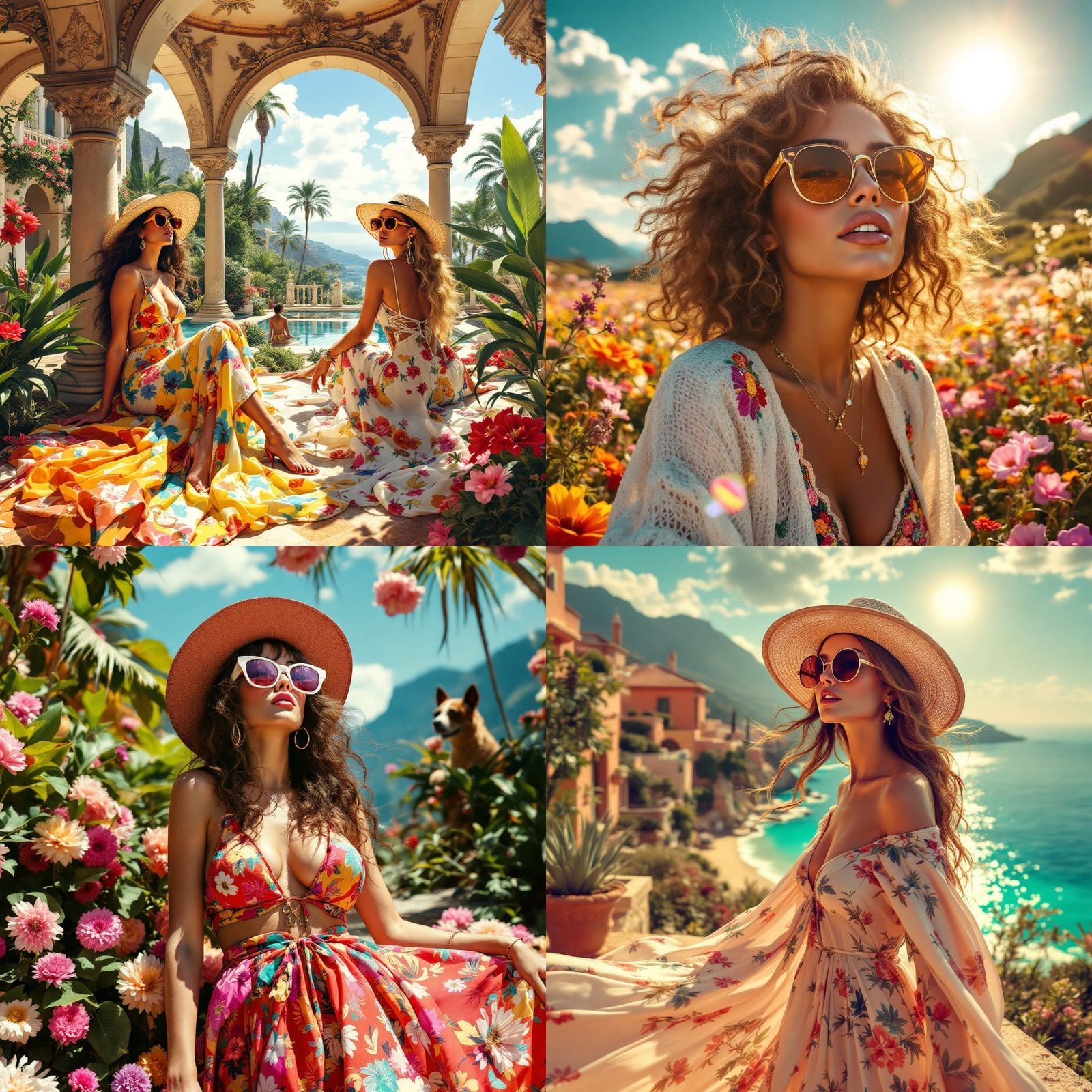 Glamorous 1970s Boho Chic Women in Sunglasses and Summer Att...