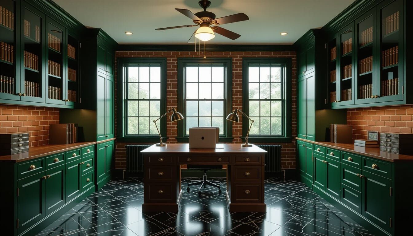 Vibrant Victorian Working Room with Dark Green Cabinets