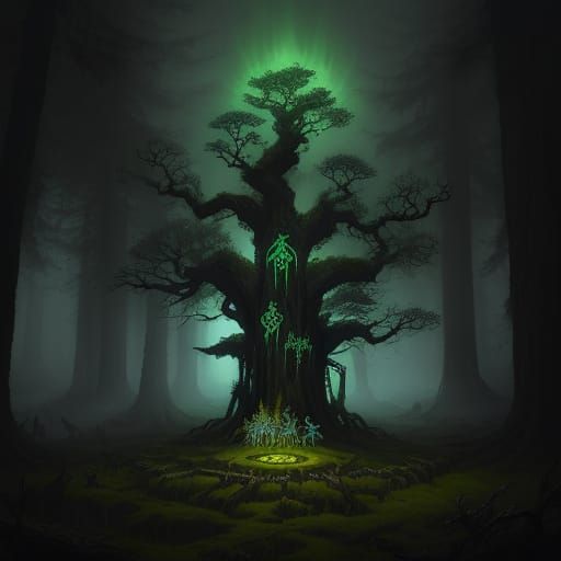 Ancient Tree with Glowing Runes in Enchanted Forest