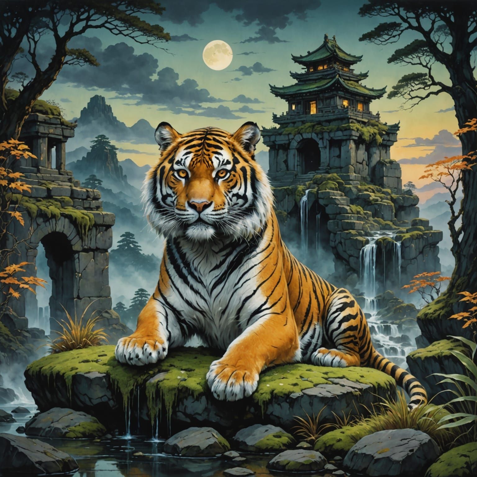 Tiger on Floating Ruin in Twilight Sky