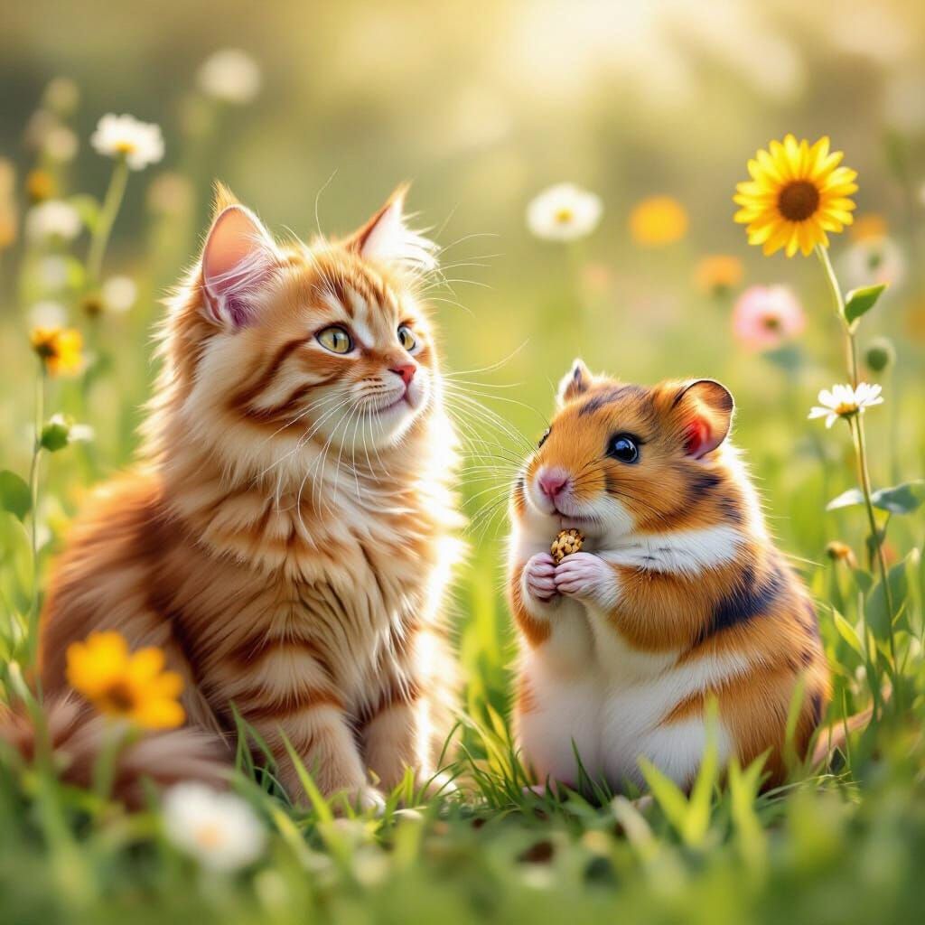 Ginger Cat and Hamster in Sunny Meadow, Storybook Style