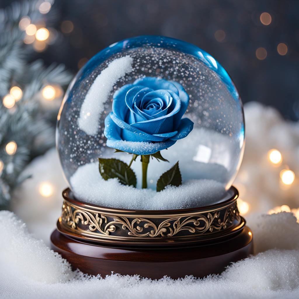 Glimmering Blue Rose in Winter Snow Globe