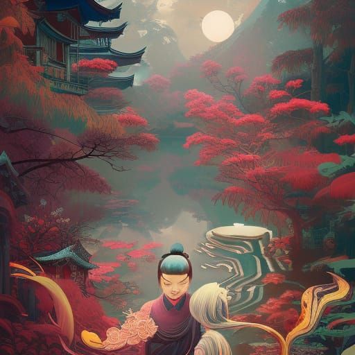 Yin and Yang in Japanese Art Style