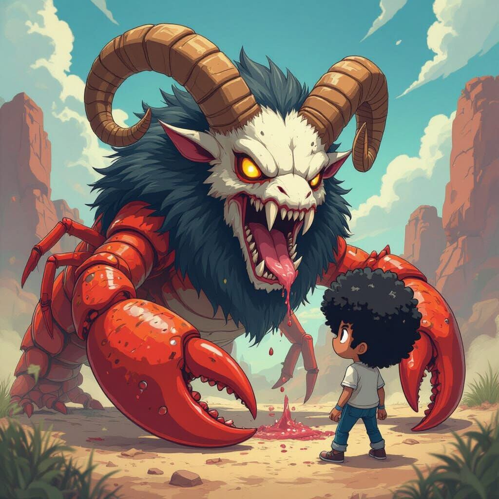 Bizarre Lobster Monster Devouring Afro-haired Creature