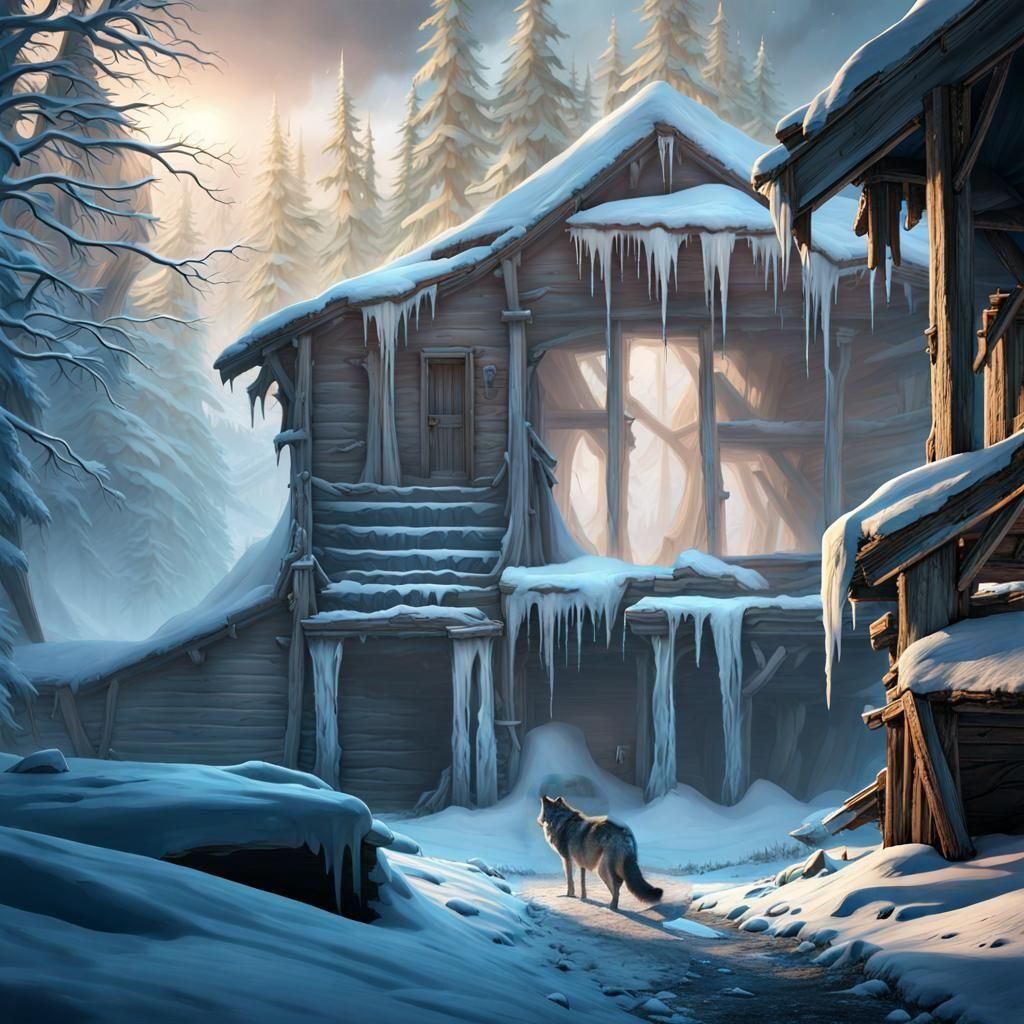 Snow-Covered Abandoned Village with Lone Wolf