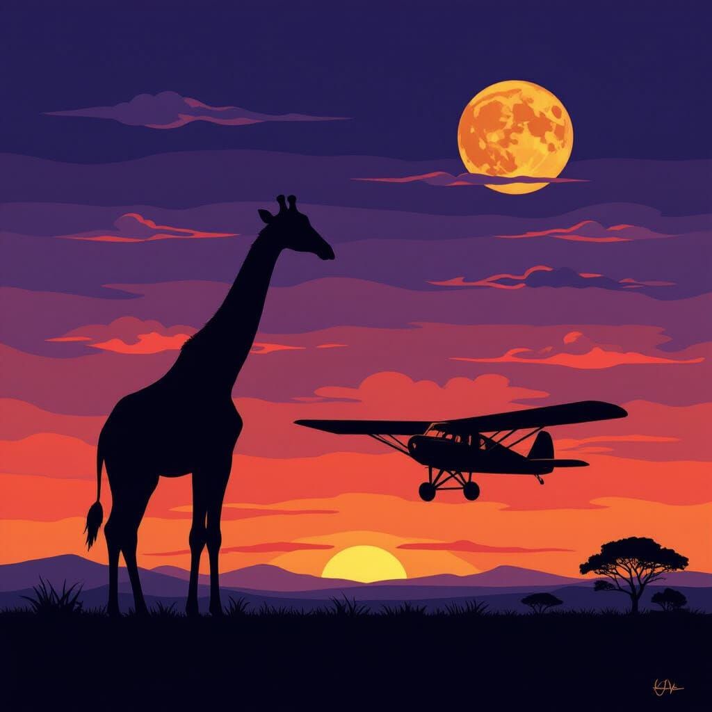 Giraffe Silhouette Against Twilight Sky with Vintage Glider