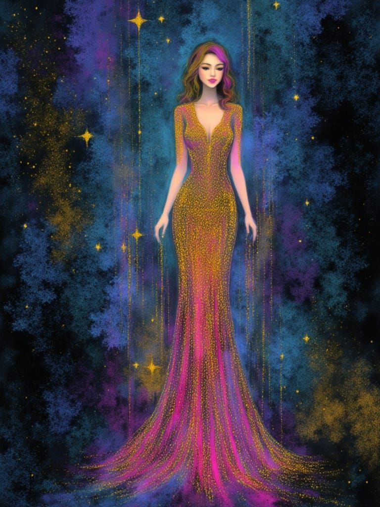 Stylish Woman in Evening Wear with Stars and Sparkles