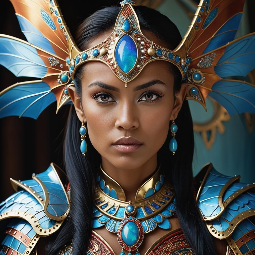 Bat-Winged Woman in Gaudi-Inspired Armor Portrait