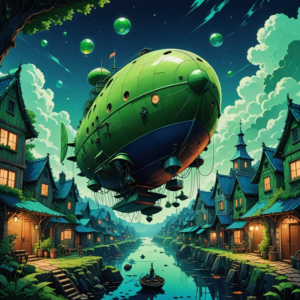 Ancient Airship Above Hidden Village Illuminated by Glowing ...