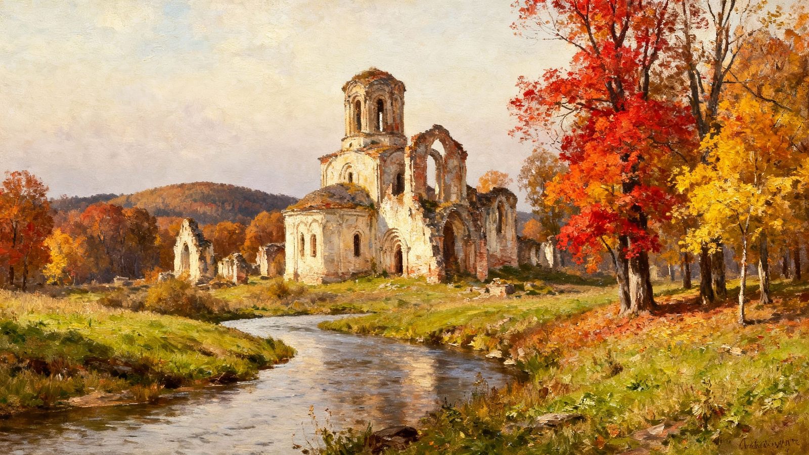 Autumn Monastery Ruins Oil Painting with Vivid Foliage