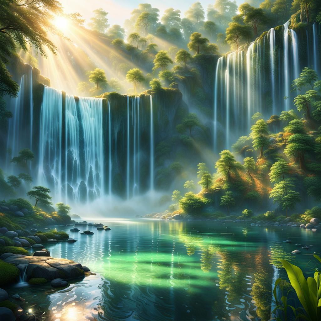 Majestic Waterfall Cascading into Serene Lake