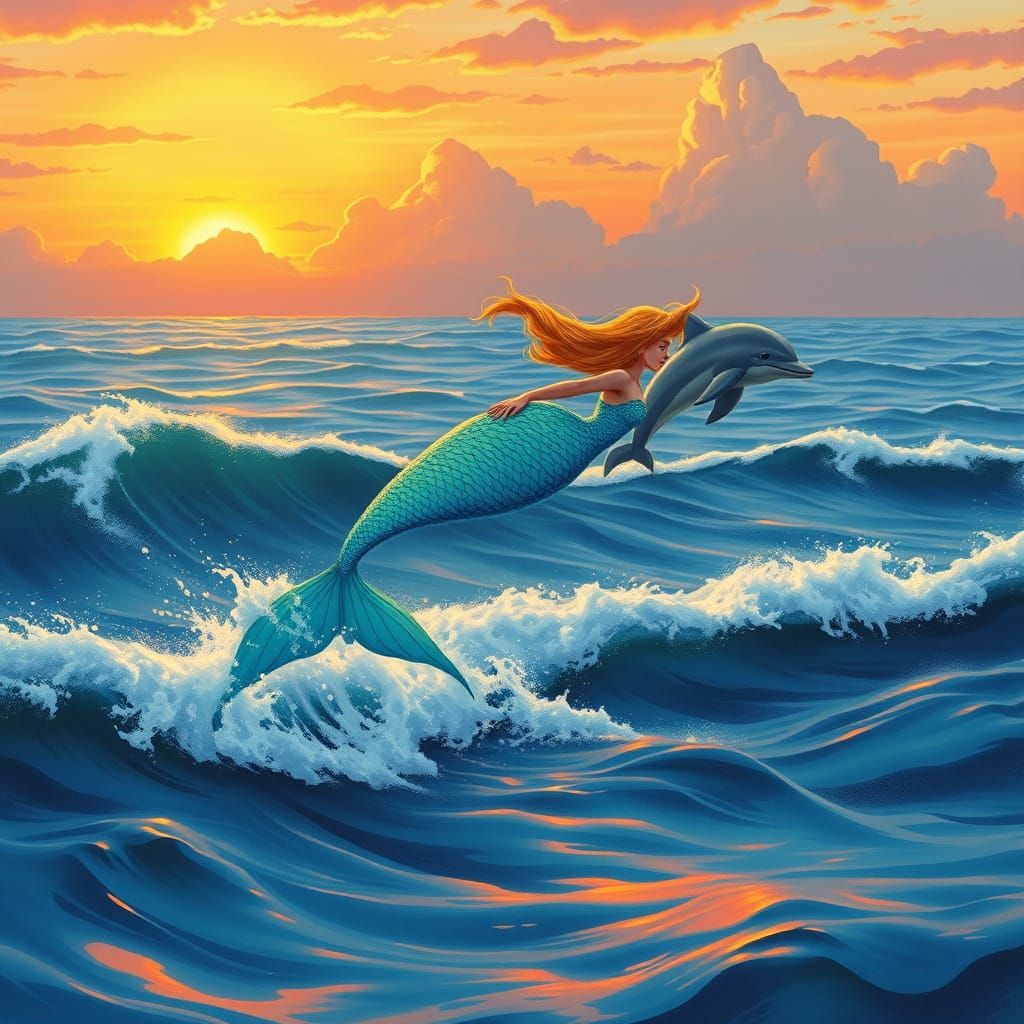 Mermaid and Dolphin Leap at Sunset in Fantasy Art Style