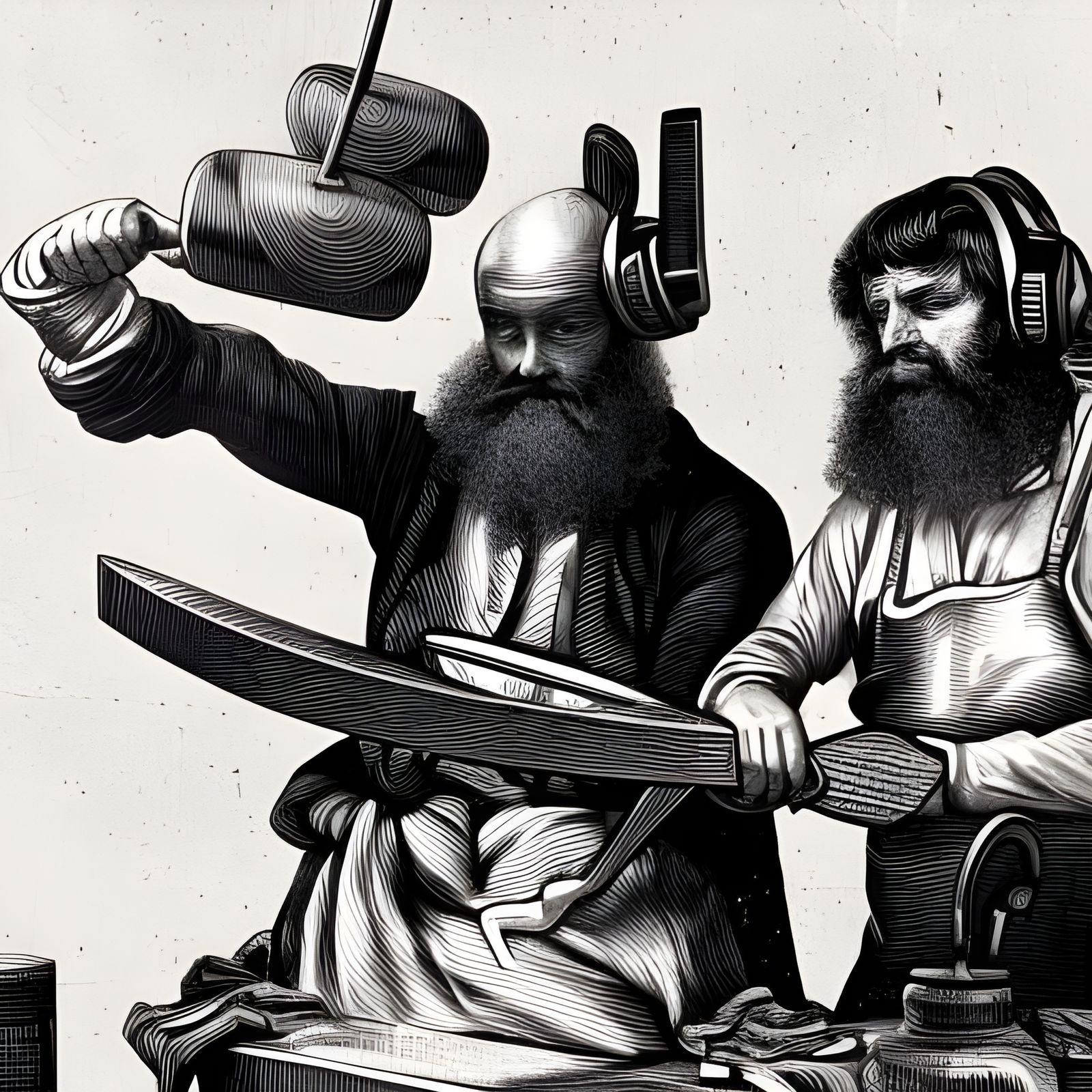 18th Century Workers Forging Scissors: Black and White Linoc...