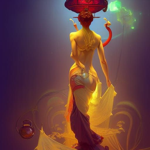 Genie Returns to Lamp in Art Nouveau Style