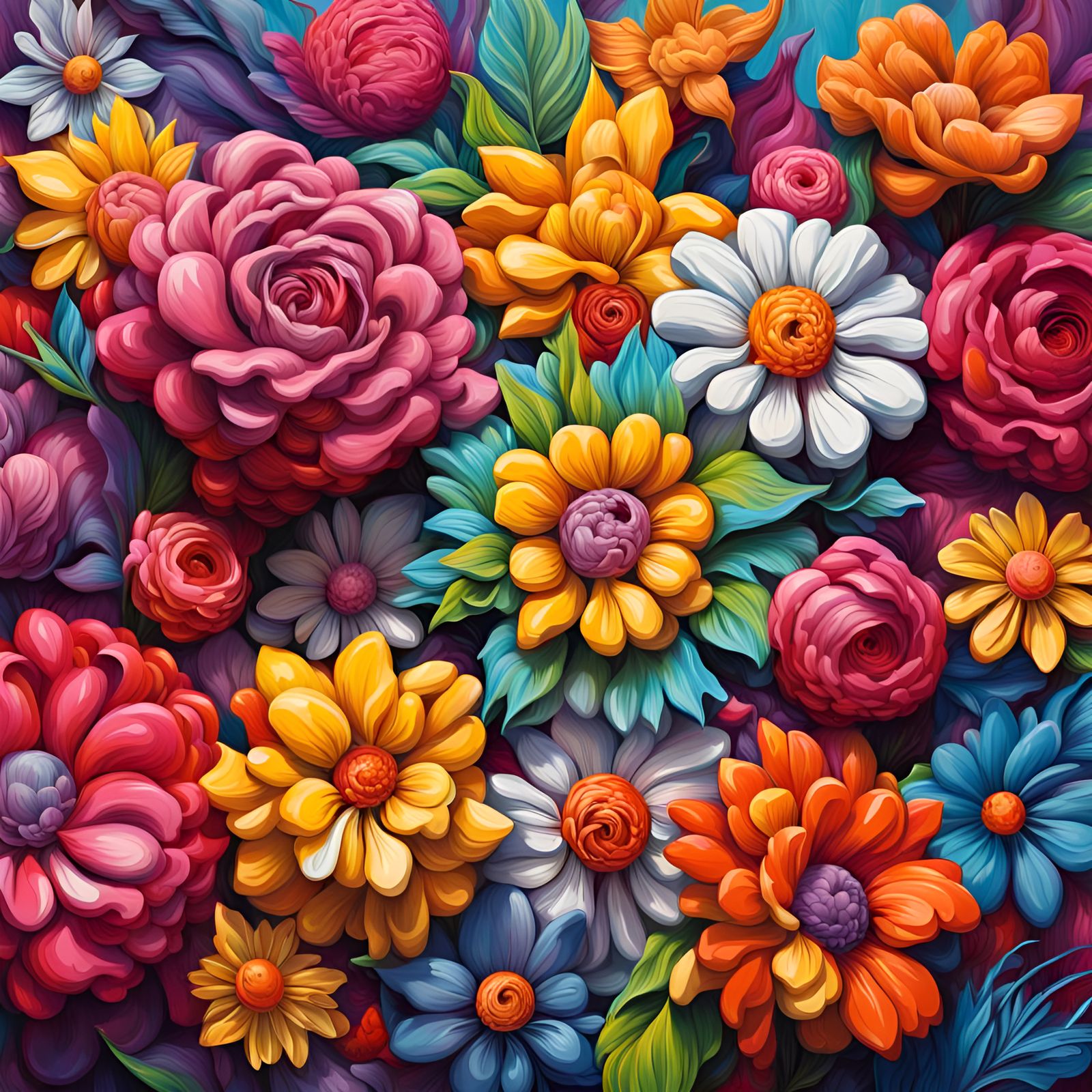 Vibrant 3D Flowers in Impasto Pop Art Style