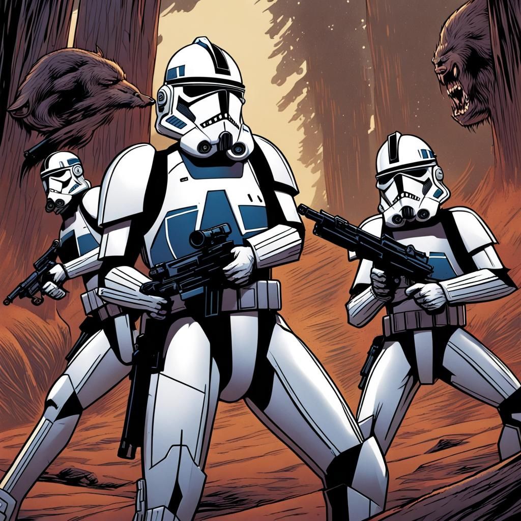 Clone Troopers Confront a Werewolf: Comic Book Art
