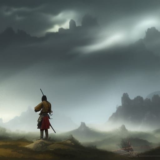 Samurai in Rainy Battlefield: Detailed Matte Painting