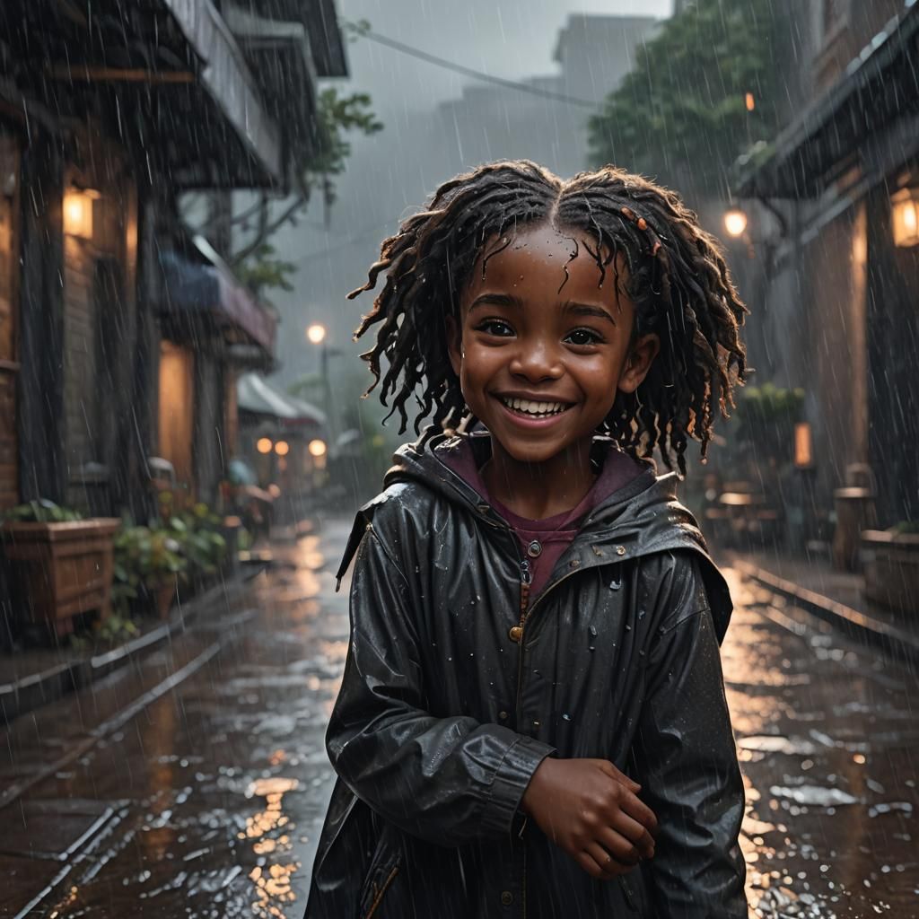 Joyful Girl Smiling in Rainy Night: Fantasy Art