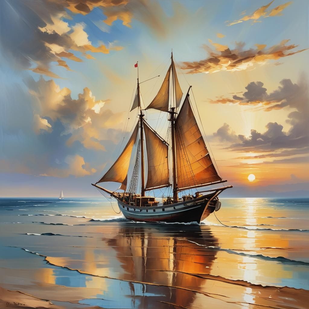 Romantic Seascape: Old Sailing Boat at Sunset