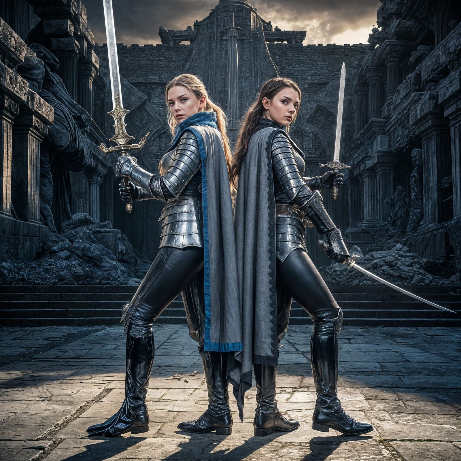 Dark Fantasy Warriors Stand Ready in Ruined Temple