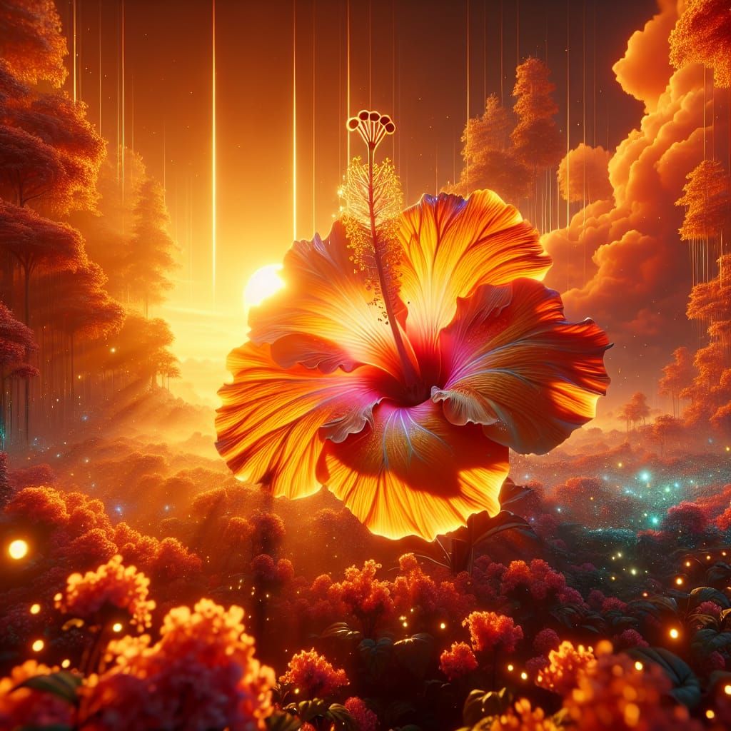 Orange Hibiscus Flower in a Magical Forest, 3D Render