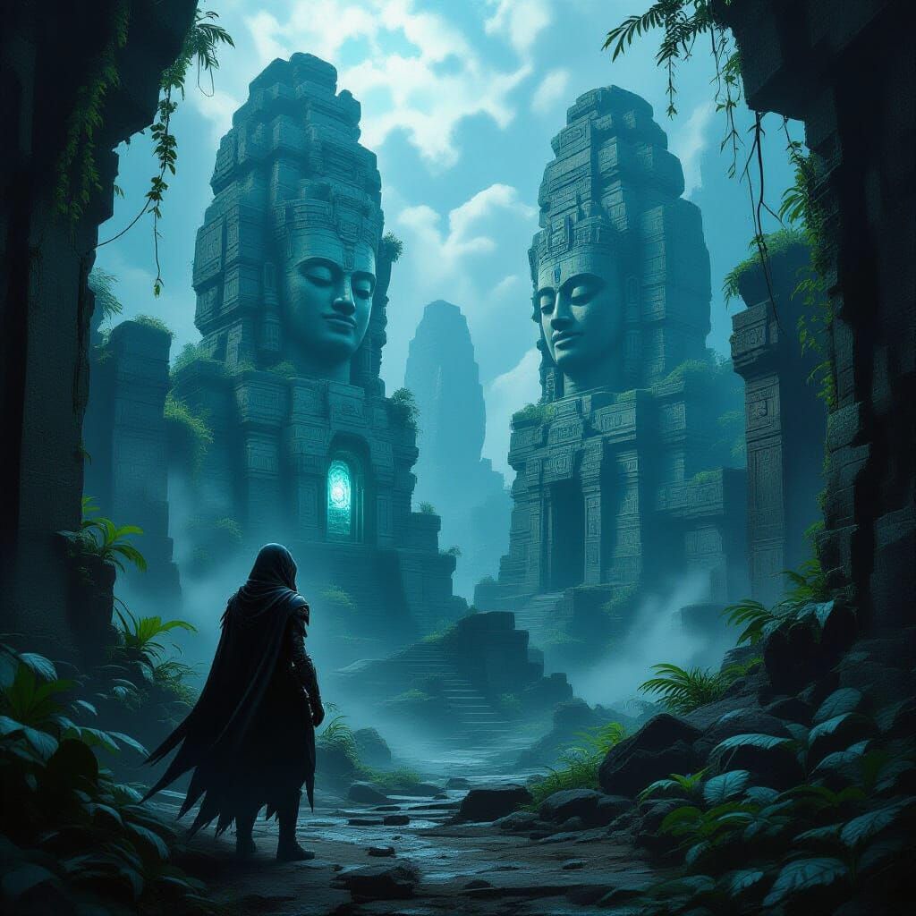 Cyborg Huntress in Alien Jungle Ruins