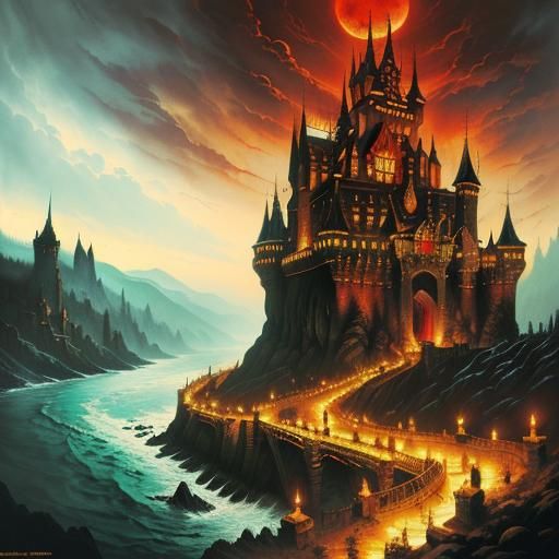 Dracula's Castle: A Horror Illustration in Red and Black