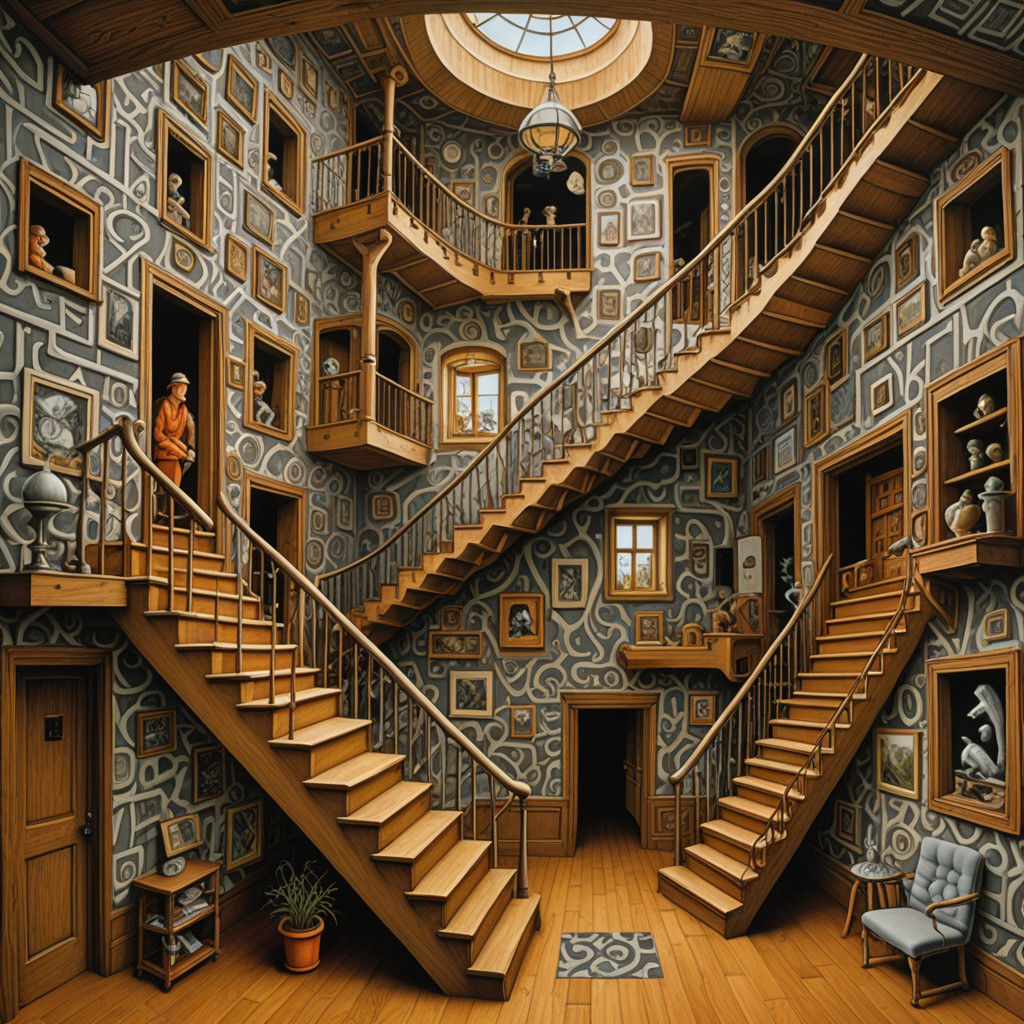 Surreal Stairwell Nexus in Mixed Media