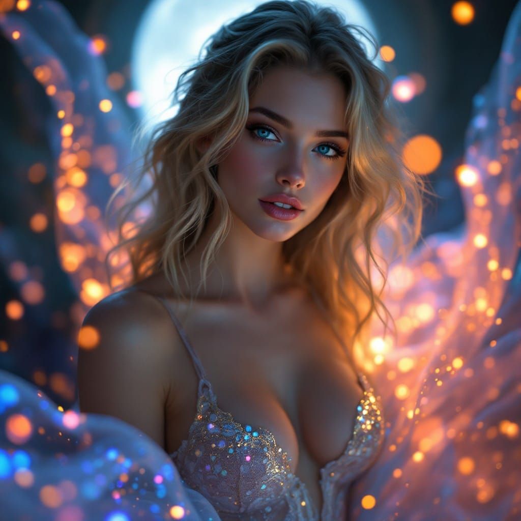 Ethereal Goddess in Celestial Gown, Shimmering with Lunar Li...