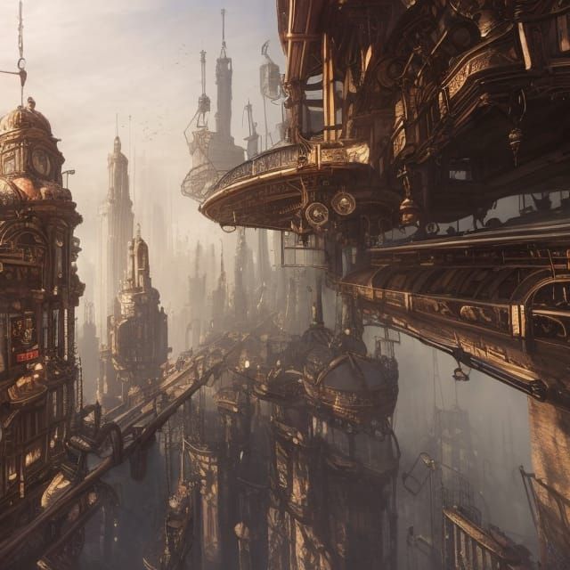 Steampunk Cityscape with Elevated Walkways
