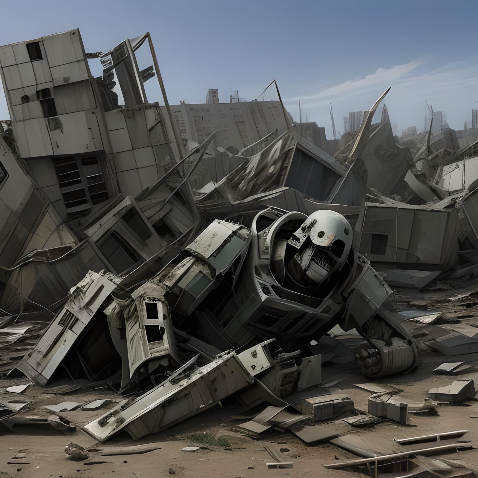 Destroyed Mobile Suit in Dystopian Wasteland