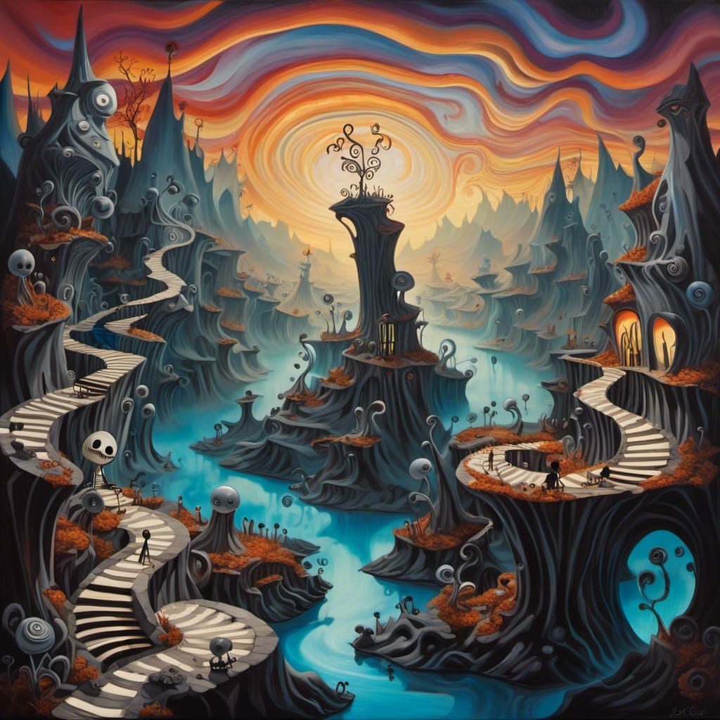 Surreal dreamscape painting. Medium shot, warped mountains m...