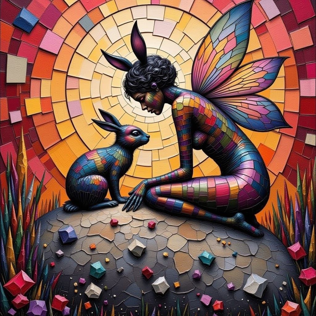 Surreal Fairy and Bunny in Geometric Dreamscape