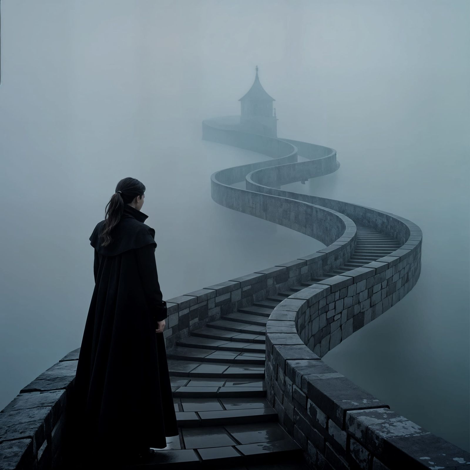 Figure on Infinite Staircase with Swirling Horizon