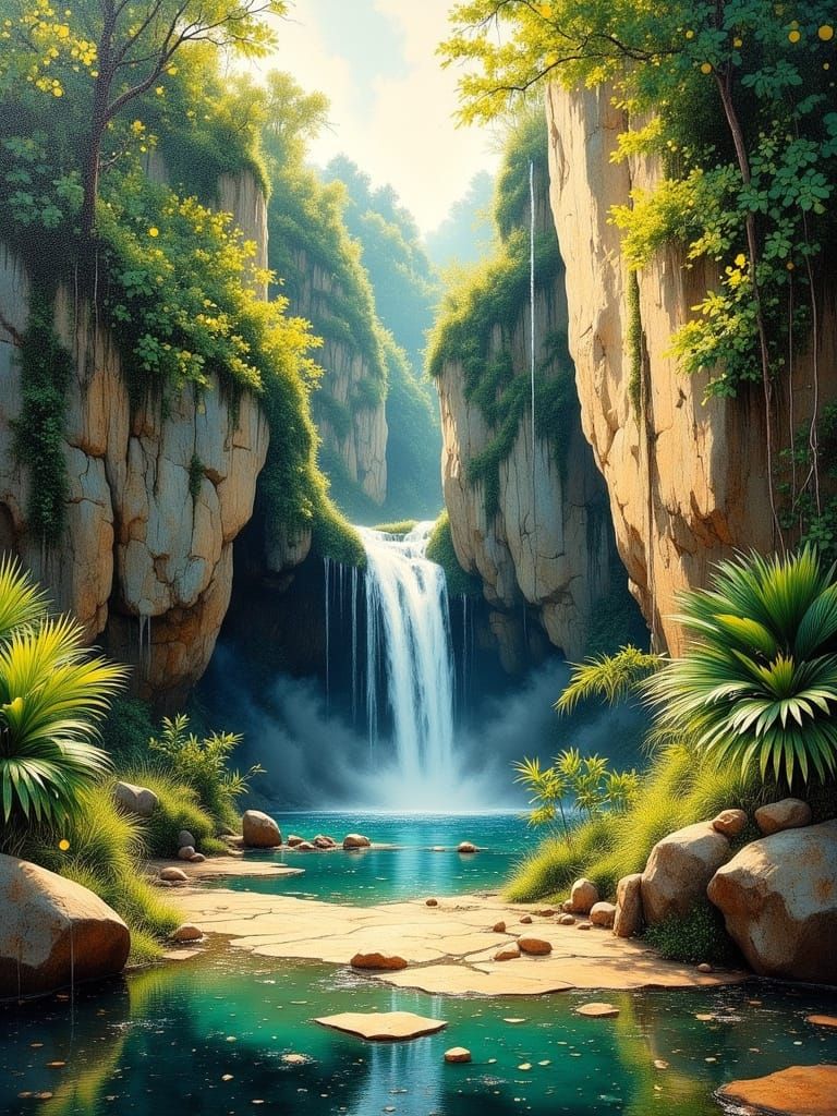 Tropical Oasis in Warm Impasto Oil Style