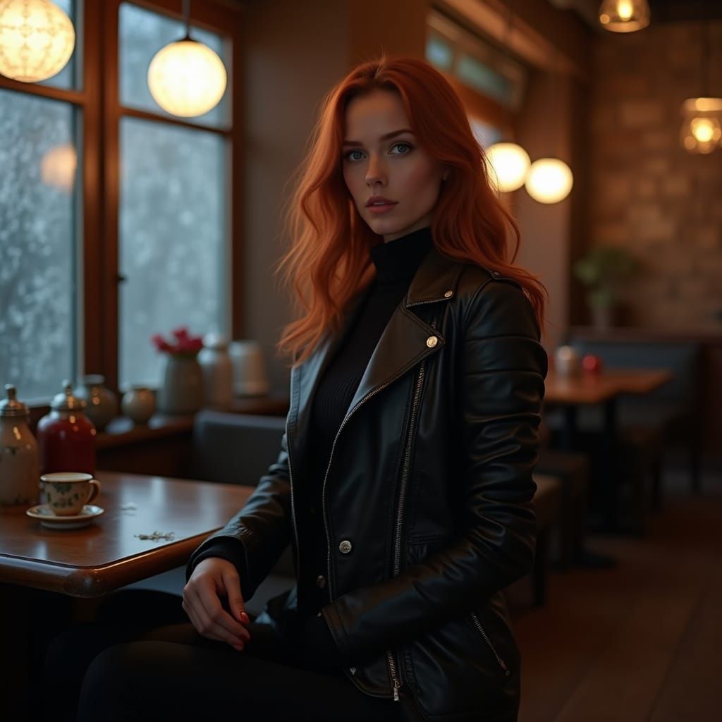 Realistic Photo of Red-Haired Woman in Russian Teahouse
