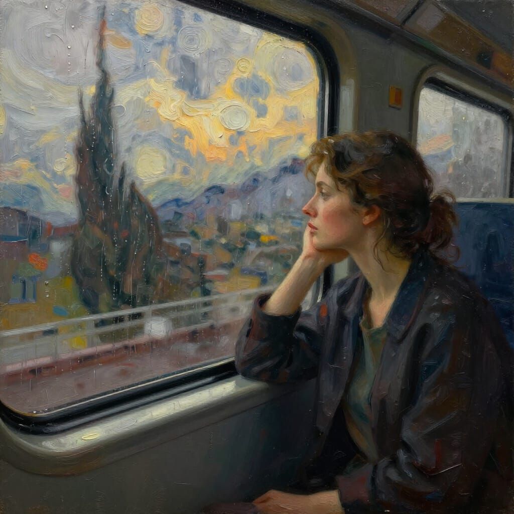 Rainy Train Commute with Woman by Window