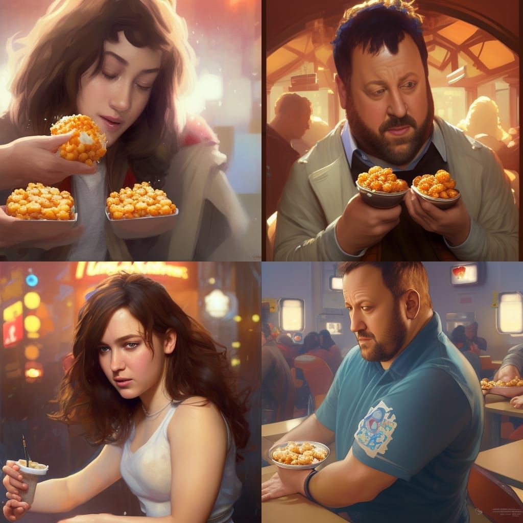 Kevin James Portrait with Tater Tots, Detailed Digital Art