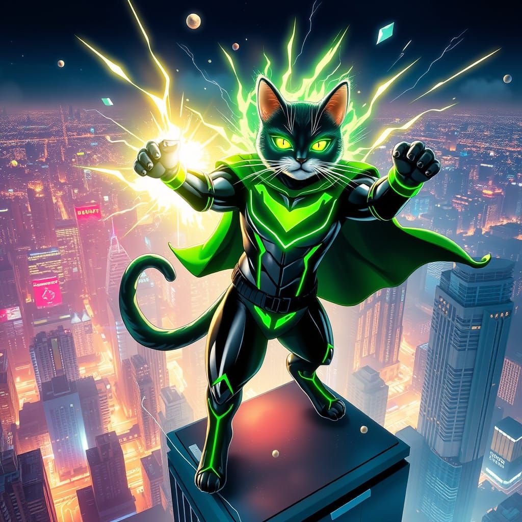 Superhero Cat Stands Victorious Over Metropolis