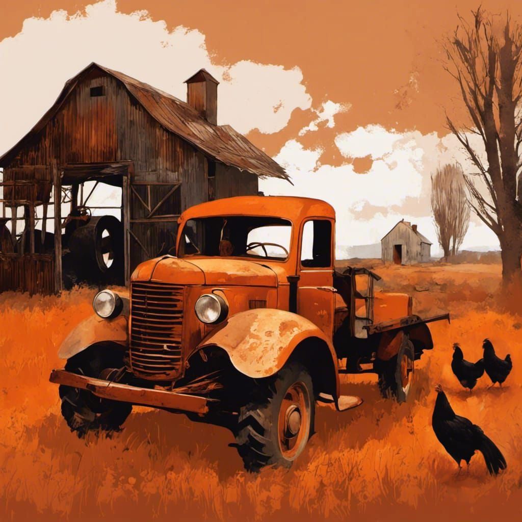 Orange Monochromatic Countryside Matte Painting with Chicken...