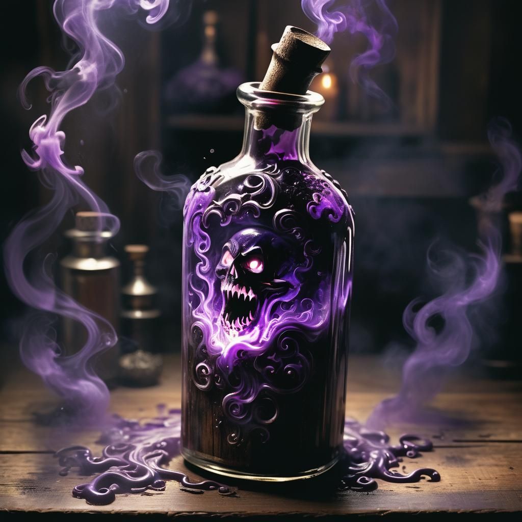 Dark Fantasy Bottle in Antiquated Apothecary Setting