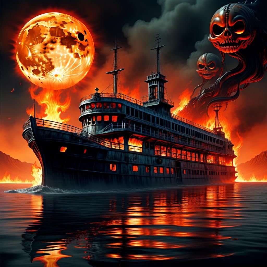 Evil ghost on the burning ferry