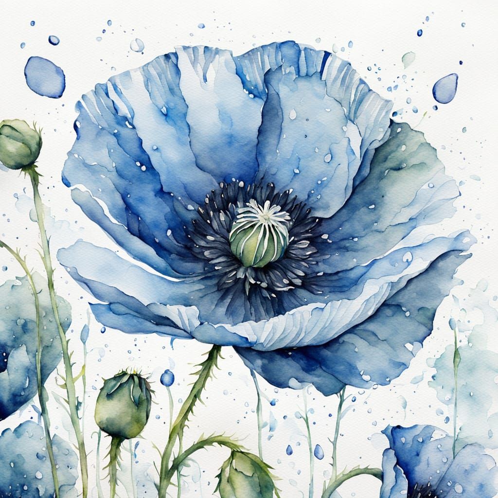 Blue Poppy Watercolor Painting with Raindrops