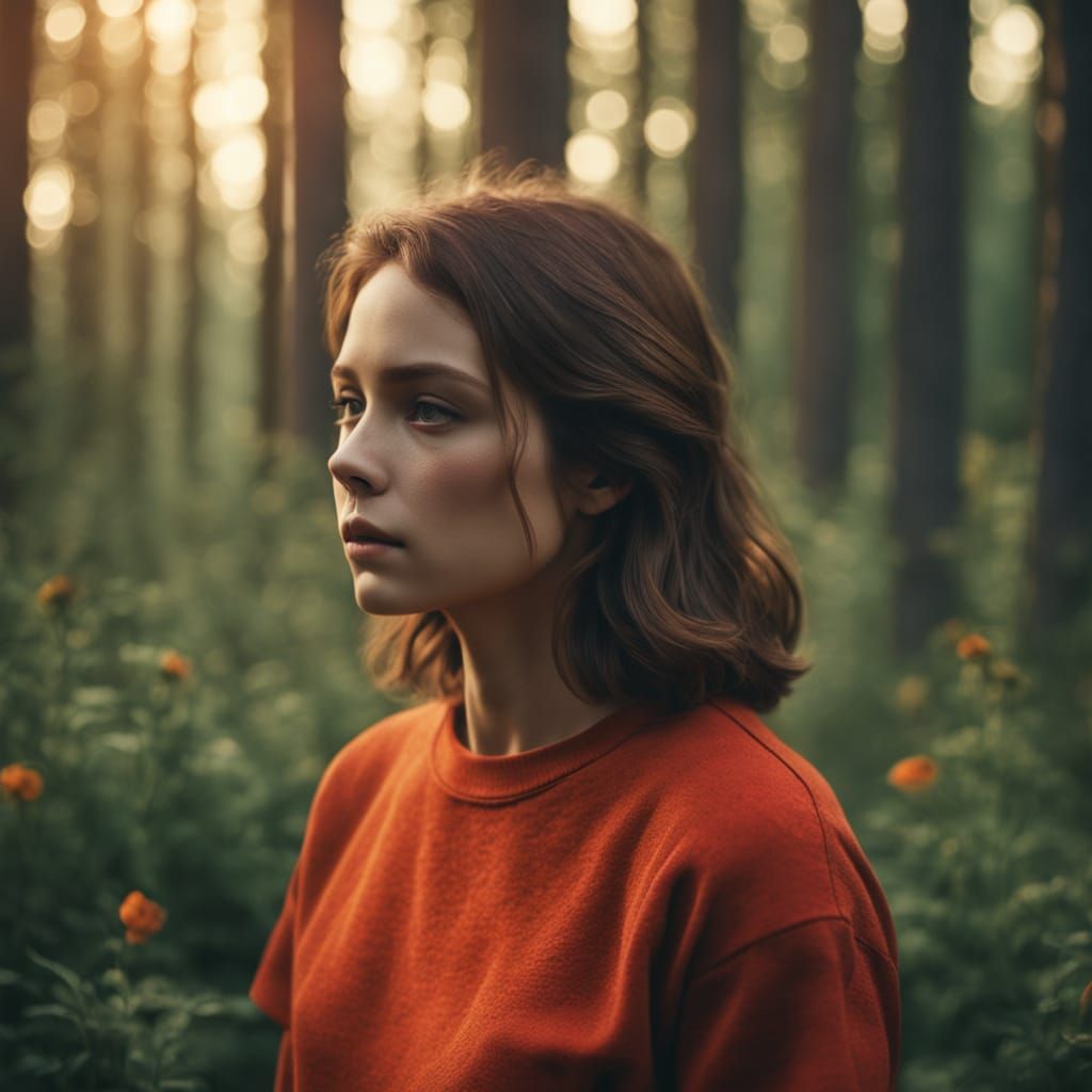 Woman in Red Forest: 1970s Film Photography Style