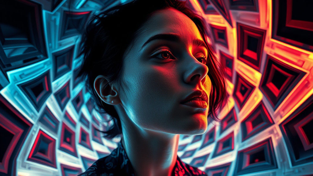 Distorted Woman's Face Merging with Morphing Shapes