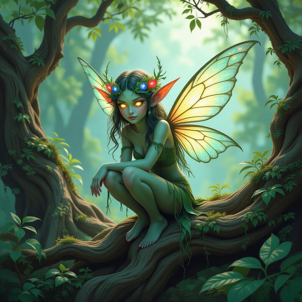Mischievous Forest Sprite on Tree Root, Mystical Atmosphere